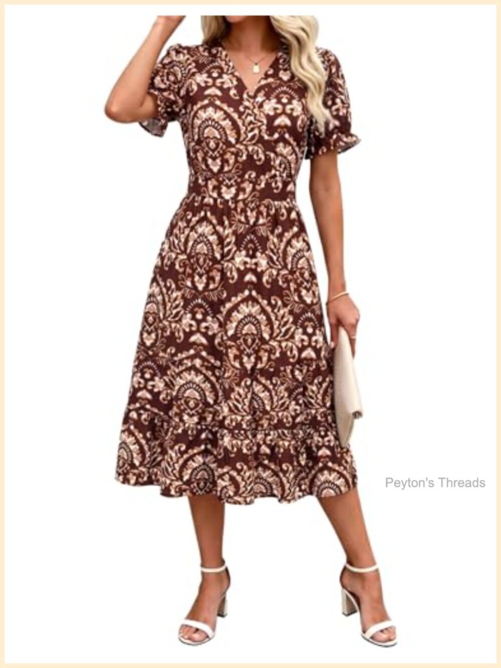Viscose Nylon Midi Dress V Neck Puffy Short Sleeve Flowy Casual Beach Sundress